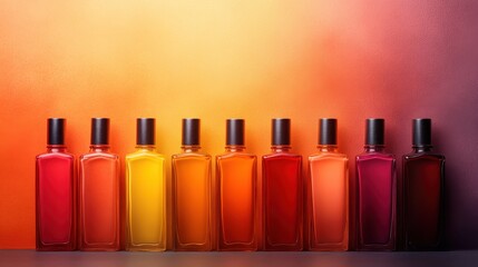 Poster - An array of colorful glass bottles radiate warmth, showcasing a beautiful gradient from red to purple against a soft, gradient background.