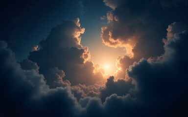 Mysterious dark starry night sky with dramatic storm clouds and golden light. Fantasy art for astrology, apocalyptic concept and space theme. High quality