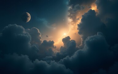 Wall Mural - Mysterious dark starry night sky with dramatic storm clouds and golden light. Fantasy art for astrology, apocalyptic concept and space theme. High quality