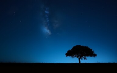 Wall Mural - panorama blue night sky milky way and star on dark background tree silhouetted against a dark night dark tree on open field dramatic blue sky safari theme. High quality