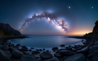 Wall Mural - Milky Way arch over a rocky shoreline at night, with gentle waves and a glowing horizon. Ideal for astronomy, travel, or nature themes. High quality