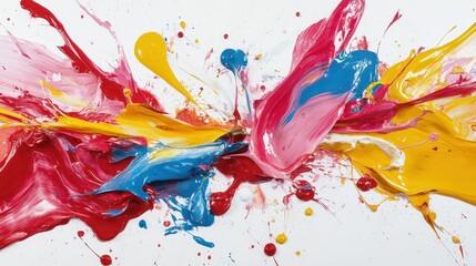 Poster - This dynamic abstract painting features bright splashes of paint in colors like red, yellow, pink, and blue, creating an energetic and lively visual impact.
