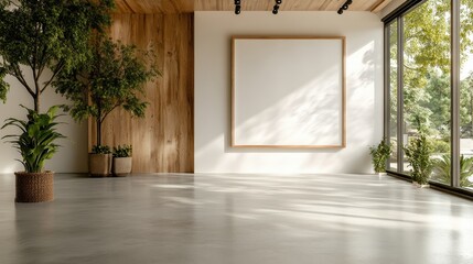 Poster - This image captures a spacious, modern art studio featuring large windows and wooden accents, creating an inviting atmosphere with natural light filtering in beautifully.