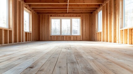 Poster - This photo presents an empty rustic wooden room, featuring large windows that invite natural light, offering a warm and inviting atmosphere perfect for creative endeavors.