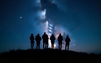 silhouette of a group of people standing on a hill. behind them is the beautiful bright milky way ga
