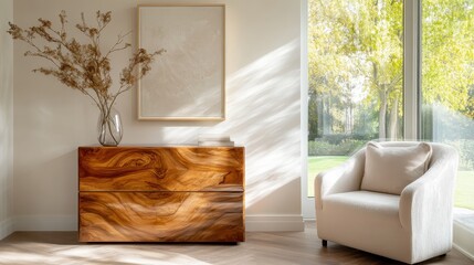 Poster - A beautifully arranged indoor setting featuring a wooden chest, showcasing nature-inspired design and tranquility, perfect for a cozy and elegant living space.