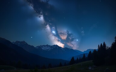 Wall Mural - Stunning night landscape featuring the bright Milky Way galaxy over majestic mountains. A breathtaking starry sky perfect for nature, astronomy, and adventure themes. High quality
