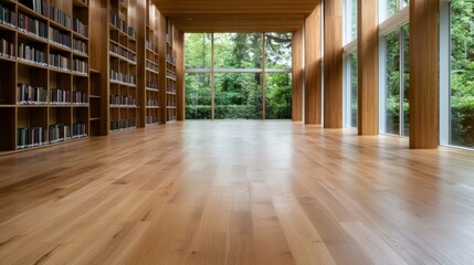 Poster - A serene and bright modern library filled with wooden shelves, allowing natural light to create a calming space for reading, relaxation, and concentration.