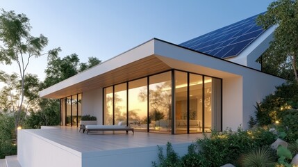 Poster - A striking modern home designed with large glass panels and a solar roof, seamlessly blending technology with nature, showcasing sustainability and contemporary architecture.