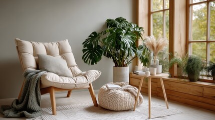 Poster - A stylish and inviting living space featuring a comfy chair, plants, and natural light through large windows, ideal for relaxation and modern home aesthetics.