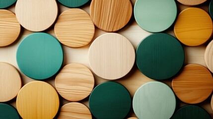 Poster - An array of vibrant wooden circles arranged artistically, showcasing a beautiful blend of colors and textures, illustrating creativity and modern design in home decor.