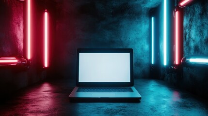 Poster - A sleek laptop sits prominently against a dark backdrop illuminated by vibrant neon lights, creating a striking contrast that enhances its modern appeal and aesthetic.