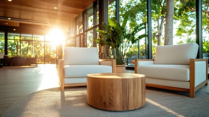 Poster - A beautifully designed lounge featuring cozy armchairs, a wooden coffee table, and large glass windows framed by lush greenery, inviting natural sunlight through.