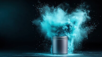 Poster - A dramatic moment captured as blue powder erupts from a metallic canister, creating a mesmerizing cloud that symbolizes energy, creativity, and explosive innovation.