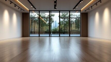 Poster - A sleek gallery space with large glass windows showcasing a serene view of lush greenery, inviting natural light that enhances the artistic ambiance of the interior.
