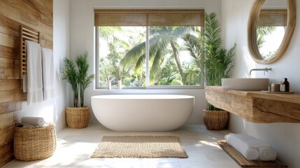 Poster - This modern bathroom features a freestanding tub, large window with a tropical view, natural materials, and lush greenery that creates a serene atmosphere for relaxation.