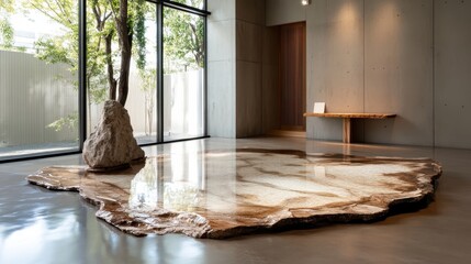 Poster - This striking interior space highlights a large stone feature as the centerpiece, complemented by modern furnishings, large windows, and a seamless connection to the outdoors.