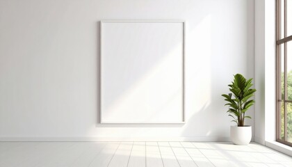 Poster - Frame mockup, empty frame hangs above plant in a minimal interior with bright sunlight