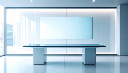 Poster - An empty modern conference room presents a blank screen for presentations.