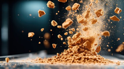 Poster - This captivating image captures a dramatic explosion of golden brown powder particles shattering and rising in mid-air, showcasing a unique sense of movement and energy.