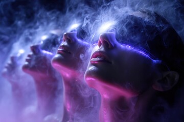 Poster - Women wearing futuristic masks emit light while surrounded by colorful smoke in a creative display