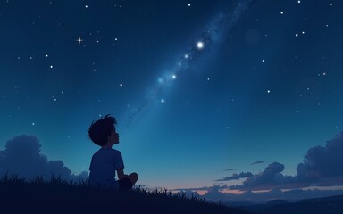 Wall Mural - illustration of a boy looking at night starry sky with glitter glow galaxy flicker above, idea for prayer of hope, love, peace theme, Generative Ai. High quality