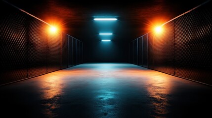 Poster - An eerie industrial corridor illuminated with blue and orange neon lights forms a captivating perspective, evoking intrigue and a sense of adventure in this surreal space.