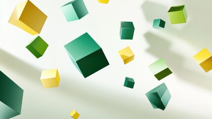 Abstract 3D rendering with green and yellow cubes in a dynamic arrangement