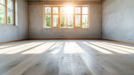 Poster - A spacious empty room floods with sunlight through large windows, showcasing a minimalist aesthetic that embodies openness, potential, and an inviting atmosphere for creativity.