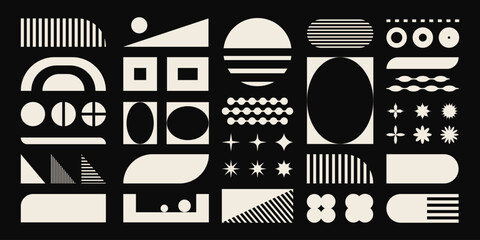 Poster - Brutalism shapes and forms, set of retro monochrome stickers and geometric design elements. Vector abstract art, vintage figures and flat decorations.