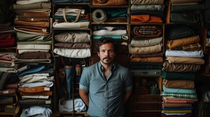Poster - A portrait of a man standing amidst a wall of neatly folded fabrics in various colors and textures, highlighting the beauty and artistry of textile organization and presentation.