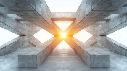 Poster - This image features an intricate abstract concrete structure illuminated by radiant light, showcasing strong geometric shapes converging at a luminous focal point.