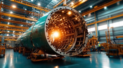 Poster - An intricate view of a futuristic aircraft engine during the manufacturing process, showcasing cutting-edge technology and modern industrial efficiency with vibrant lighting.