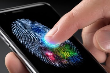 Poster - Person using fingerprint scanner on smartphone with colorful display at night