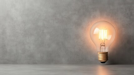 Poster - A beautifully illuminated light bulb casts a warm glow against a minimalist gray wall, symbolizing creativity, inspiration, and the essence of innovative ideas.
