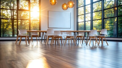 Poster - A sleek conference room featuring large windows, wooden tables, and stylish chairs, perfect for meetings and workshops, bathed in beautiful natural light from outside.