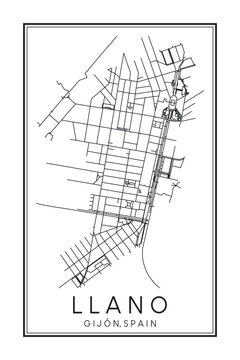 Hand drawn printable downtown road map poster of district LLANO of the Spanish city of GIJÓN on solid white background with city name