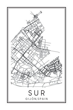 Hand drawn printable downtown road map poster of district SUR of the Spanish city of GIJÓN on solid white background with city name