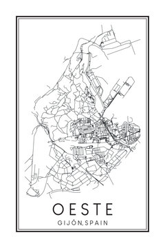 Hand drawn printable downtown road map poster of district OESTE of the Spanish city of GIJÓN on solid white background with city name