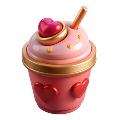 Poster - Cute valentines day smoothie cup decorated with pink heart and gold accents 3d rendering plasticstyle icon solated on white background