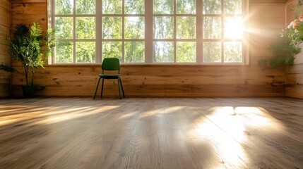 Poster - A beautifully lit room featuring a single chair by large windows; sunlight spills in, illuminating the wooden surfaces and creating a warm, inviting ambiance.