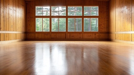 Poster - This beautifully lit wooden room features large windows that frame stunning nature views, creating a serene atmosphere perfect for relaxation or creative pursuits.