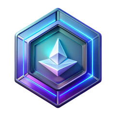 Poster - Futuristic metallic hexagon emblem 3d rendering plasticstyle icon with a white pyramidal crystal isolated on white background