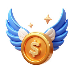 Poster - Golden dollar coin with wings 3d rendering plastic style icon isolated on white background for finance