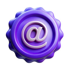 Poster - Purple 3d rendering plasticstyle icon of at sign for email communication isolated on white background,contact us,online service,web and internet design