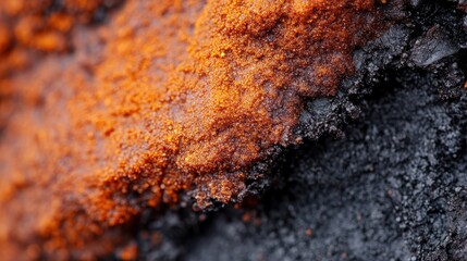 Poster - This macro photograph captures an intricate blend of vibrant orange material set against a deep black surface, showcasing natural textures and striking color contrast.