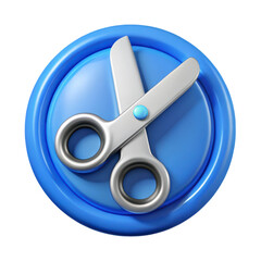 Poster - Silver scissors cutting tool on blue round background plasticstyle icon 3d rendering isolated on white background