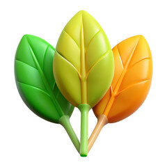Poster - Three stylized leaves in green yellow and orange colors 3d rendering plasticstyle icon isolated on white background