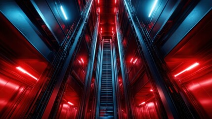 Poster - An immersive view of a corridor illuminated by striking red and blue neon lights, creating a futuristic atmosphere that hints at technology and modern design.