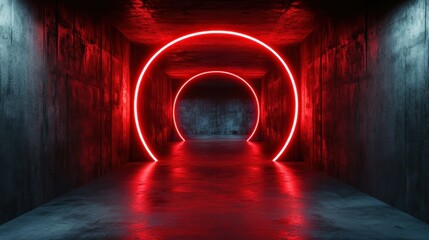 Poster - An abstract view of a neon-lit circular tunnel exudes modernity, inviting viewers to explore its depths, blending artistic creativity with atmospheric lighting.